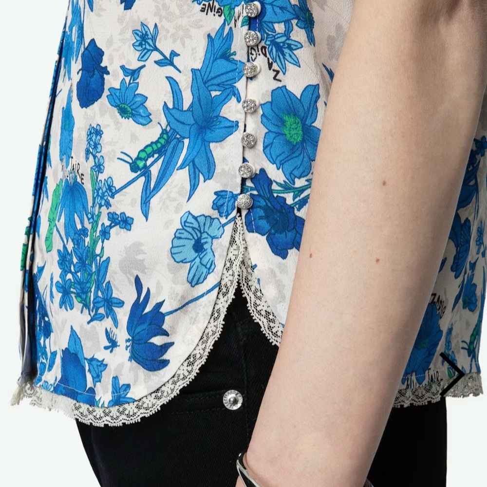 Zadig & Voltaire Tiffiny floral-print crepe blouse - Lace trim - Size XS - EUC - Picture 4 of 15